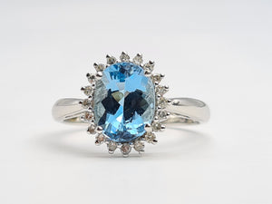 7156:Vintage: 9ct White Gold Blue Aquamarine 20 Diamonds Halo Ring-gorgeous, sparkling combination