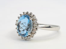 Load image into Gallery viewer, 7156:Vintage: 9ct White Gold Blue Aquamarine 20 Diamonds Halo Ring-gorgeous, sparkling combination
