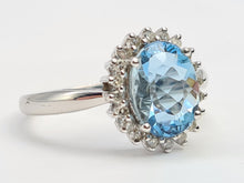 Load image into Gallery viewer, 7156:Vintage: 9ct White Gold Blue Aquamarine 20 Diamonds Halo Ring-gorgeous, sparkling combination
