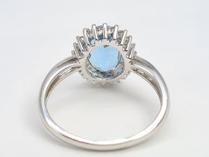 7156:Vintage: 9ct White Gold Blue Aquamarine 20 Diamonds Halo Ring-gorgeous, sparkling combination