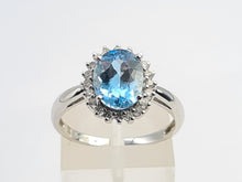 Load image into Gallery viewer, 7156:Vintage: 9ct White Gold Blue Aquamarine 20 Diamonds Halo Ring-gorgeous, sparkling combination
