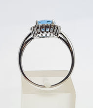 Load image into Gallery viewer, 7156:Vintage: 9ct White Gold Blue Aquamarine 20 Diamonds Halo Ring-gorgeous, sparkling combination
