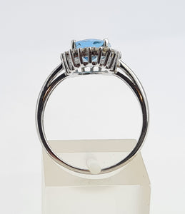 7156:Vintage: 9ct White Gold Blue Aquamarine 20 Diamonds Halo Ring-gorgeous, sparkling combination