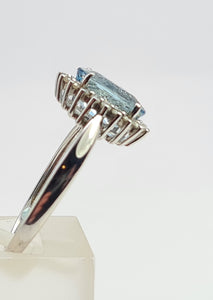 7156:Vintage: 9ct White Gold Blue Aquamarine 20 Diamonds Halo Ring-gorgeous, sparkling combination