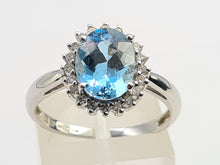 Load image into Gallery viewer, 7156:Vintage: 9ct White Gold Blue Aquamarine 20 Diamonds Halo Ring-gorgeous, sparkling combination
