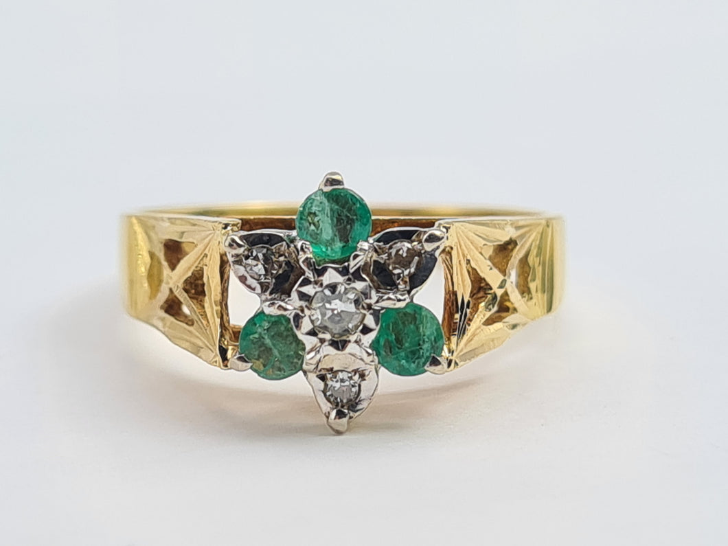 7180: Vintage: 18ct Gold Emeralds Diamonds geometric Set Cocktail Ring - sparkling symmetry- hallmarked London 1973-