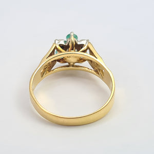 7180: Vintage: 18ct Gold Emeralds Diamonds geometric Set Cocktail Ring - sparkling symmetry- hallmarked London 1973-