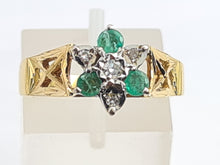 Load image into Gallery viewer, 7180: Vintage: 18ct Gold Emeralds Diamonds geometric Set Cocktail Ring - sparkling symmetry- hallmarked London 1973-
