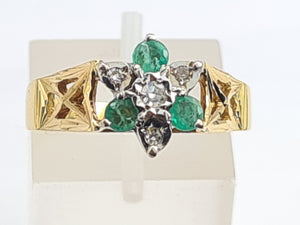 7180: Vintage: 18ct Gold Emeralds Diamonds geometric Set Cocktail Ring - sparkling symmetry- hallmarked London 1973-