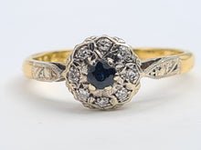 Load image into Gallery viewer, 7185: Vintage &amp; Old:  18ct Blue Sapphire 8 Diamonds Daisy Cluster Ring; lovely combination
