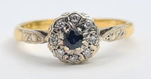 Load image into Gallery viewer, 7185: Vintage &amp; Old:  18ct Blue Sapphire 8 Diamonds Daisy Cluster Ring; lovely combination
