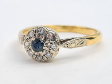 Load image into Gallery viewer, 7185: Vintage &amp; Old:  18ct Blue Sapphire 8 Diamonds Daisy Cluster Ring; lovely combination
