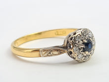 Load image into Gallery viewer, 7185: Vintage &amp; Old:  18ct Blue Sapphire 8 Diamonds Daisy Cluster Ring; lovely combination
