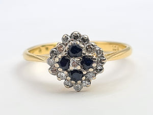 7190:  Vintage: 18ct Gold 4 French Blue Sapphires 16 diamonds Geometric Set Ring- lovely symmetry