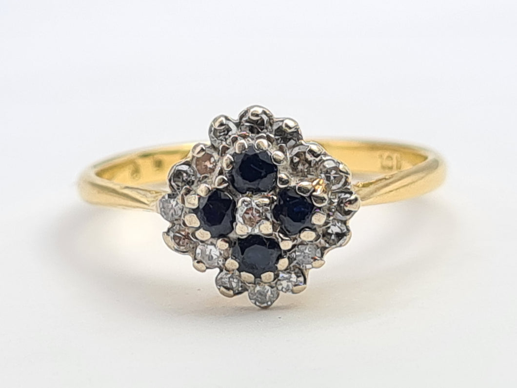 7190:  Vintage: 18ct Gold 4 French Blue Sapphires 16 diamonds Geometric Set Ring- lovely symmetry