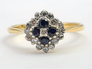 7190:  Vintage: 18ct Gold 4 French Blue Sapphires 16 diamonds Geometric Set Ring- lovely symmetry