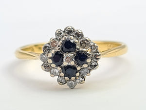 7190:  Vintage: 18ct Gold 4 French Blue Sapphires 16 diamonds Geometric Set Ring- lovely symmetry