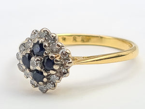 7190:  Vintage: 18ct Gold 4 French Blue Sapphires 16 diamonds Geometric Set Ring- lovely symmetry