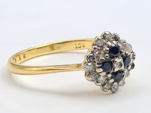 7190:  Vintage: 18ct Gold 4 French Blue Sapphires 16 diamonds Geometric Set Ring- lovely symmetry