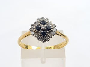 7190:  Vintage: 18ct Gold 4 French Blue Sapphires 16 diamonds Geometric Set Ring- lovely symmetry