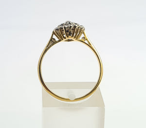 7190:  Vintage: 18ct Gold 4 French Blue Sapphires 16 diamonds Geometric Set Ring- lovely symmetry