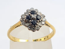 Load image into Gallery viewer, 7190:  Vintage: 18ct Gold 4 French Blue Sapphires 16 diamonds Geometric Set Ring- lovely symmetry
