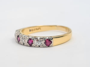 7191: Vintage: 18ct Gold 4 Rubies 3 Brilliant Cut Diamonds Half Eternity Ring- Hallmarked London 1979