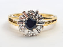 Load image into Gallery viewer, 7193: Vintage: (1972) 18ct Gold Blue Sapphire Diamonds &quot;Sun burst&quot; Dress ring- lovely sparkling symmetry
