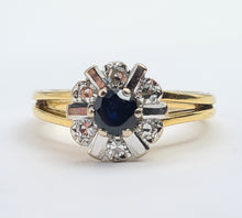 Load image into Gallery viewer, 7193: Vintage: (1972) 18ct Gold Blue Sapphire Diamonds &quot;Sun burst&quot; Dress ring- lovely sparkling symmetry
