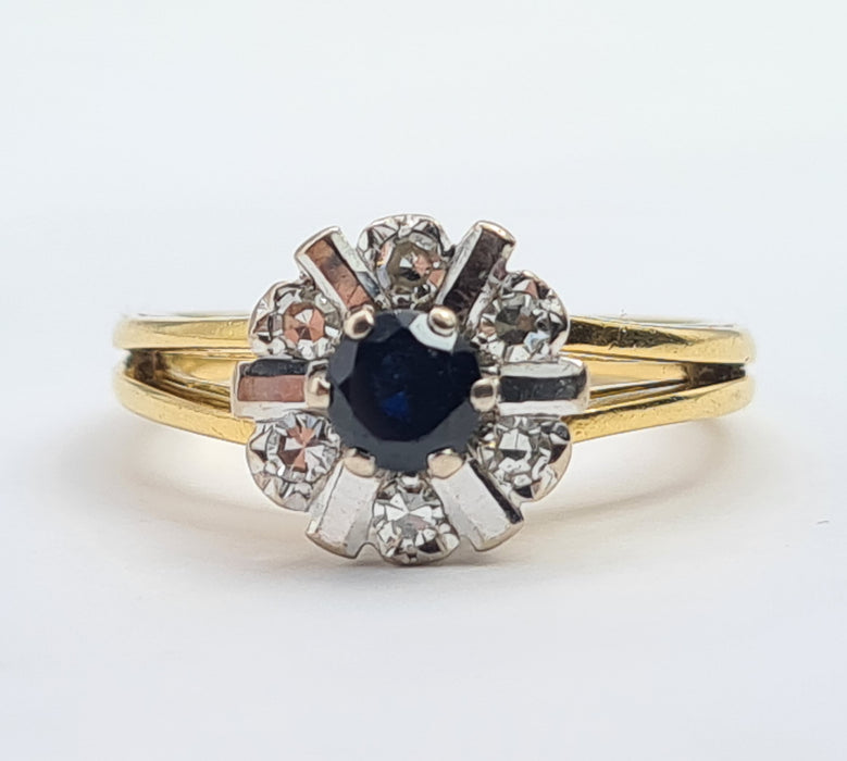 6051 Vintage: 18ct Gold Blue Sapphire Diamonds "Sun burst" Dress ring- From 1972