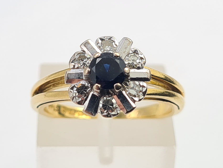 6051 Vintage: 18ct Gold Blue Sapphire Diamonds "Sun burst" Dress ring- From 1972