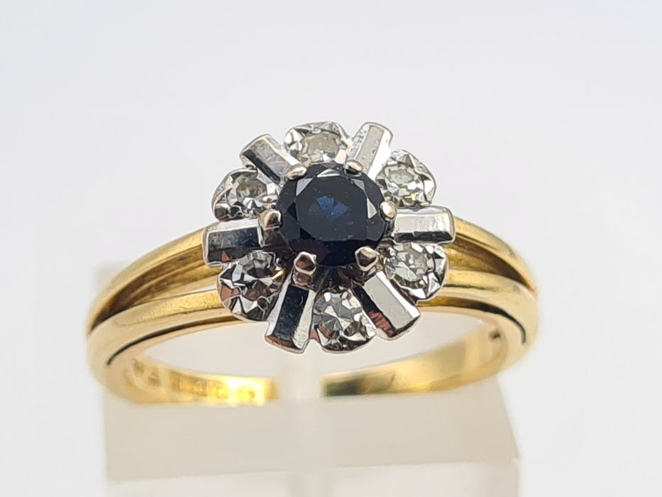 6051 Vintage: 18ct Gold Blue Sapphire Diamonds "Sun burst" Dress ring- From 1972