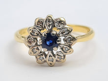 Load image into Gallery viewer, 7196: Vintage &amp; Old: 18ct Gold Blue Sapphire 12 Diamonds Flower Head Ring- elegant eye candy
