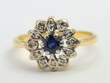 Load image into Gallery viewer, 7196: Vintage &amp; Old: 18ct Gold Blue Sapphire 12 Diamonds Flower Head Ring- elegant eye candy
