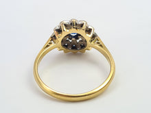 Load image into Gallery viewer, 7196: Vintage &amp; Old: 18ct Gold Blue Sapphire 12 Diamonds Flower Head Ring- elegant eye candy
