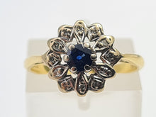 Load image into Gallery viewer, 7196: Vintage &amp; Old: 18ct Gold Blue Sapphire 12 Diamonds Flower Head Ring- elegant eye candy
