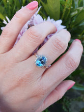 Load image into Gallery viewer, 7156:Vintage: 9ct White Gold Blue Aquamarine 20 Diamonds Halo Ring-gorgeous, sparkling combination
