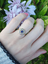 Load image into Gallery viewer, 7196: Vintage &amp; Old: 18ct Gold Blue Sapphire 12 Diamonds Flower Head Ring- elegant eye candy
