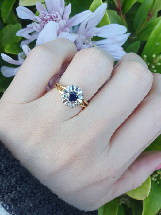 6051 Vintage: 18ct Gold Blue Sapphire Diamonds "Sun burst" Dress ring- From 1972