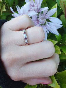 7191: Vintage: 18ct Gold 4 Rubies 3 Brilliant Cut Diamonds Half Eternity Ring- Hallmarked London 1979