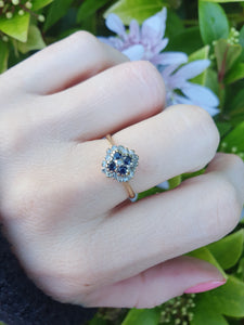 7190:  Vintage: 18ct Gold 4 French Blue Sapphires 16 diamonds Geometric Set Ring- lovely symmetry