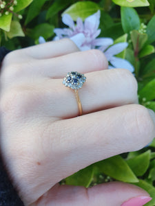 7190:  Vintage: 18ct Gold 4 French Blue Sapphires 16 diamonds Geometric Set Ring- lovely symmetry