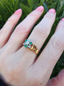 7180: Vintage: 18ct Gold Emeralds Diamonds geometric Set Cocktail Ring - sparkling symmetry- hallmarked London 1973-