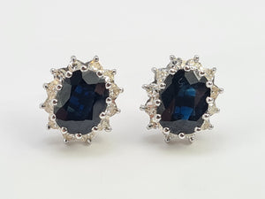 9009: Vintage: 18ct Gold Large Blue Sapphires (4.5ct) 1ct Diamonds Statement Earrings- sparkling, statement , ear candy