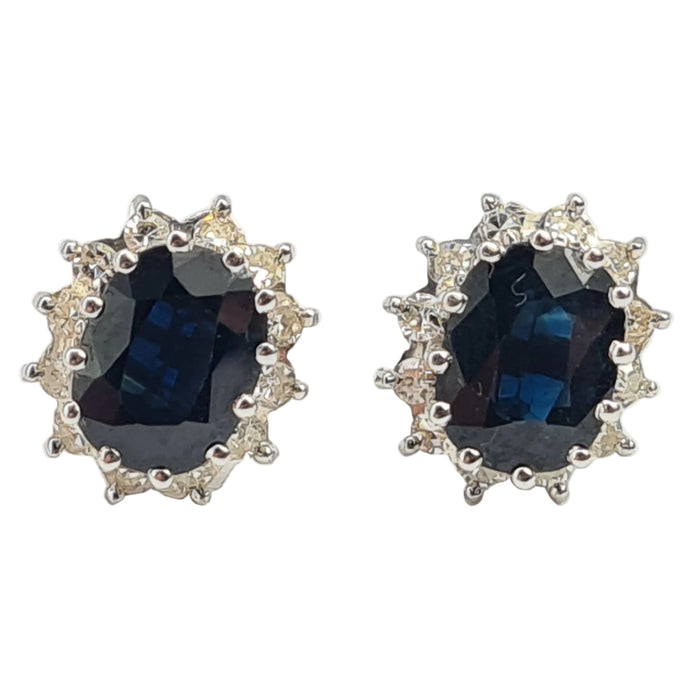 6532 Vintage: 18ct White Gold Sapphire & Diamond Oval  Diana Cluster Stud Earrings