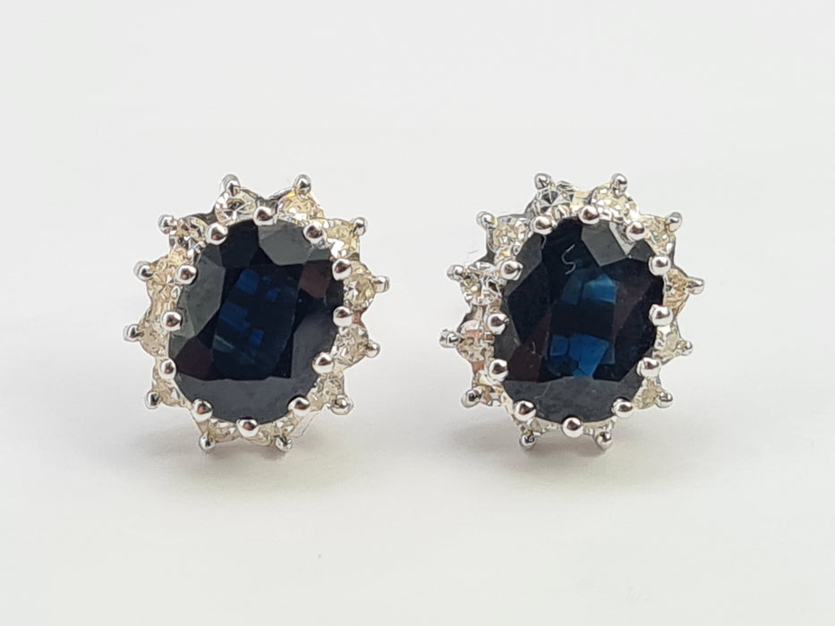 6532 Vintage: 18ct White Gold Sapphire & Diamond Oval  Diana Cluster Stud Earrings