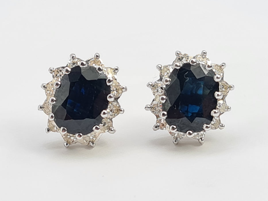 6532 Vintage: 18ct White Gold Sapphire & Diamond Oval  Diana Cluster Stud Earrings