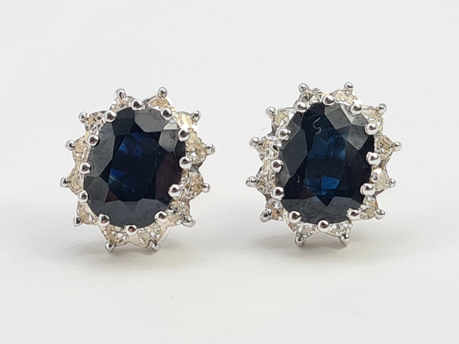 6532 Vintage: 18ct White Gold Sapphire & Diamond Oval  Diana Cluster Stud Earrings