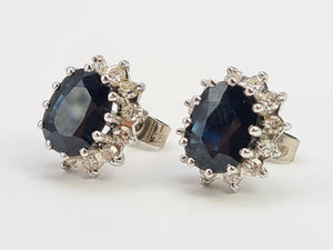 9009: Vintage: 18ct Gold Large Blue Sapphires (4.5ct) 1ct Diamonds Statement Earrings- sparkling, statement , ear candy