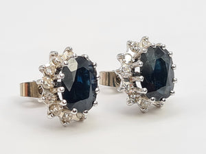 9009: Vintage: 18ct Gold Large Blue Sapphires (4.5ct) 1ct Diamonds Statement Earrings- sparkling, statement , ear candy